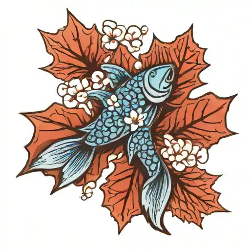 A Sketch Style Tattoo Of A Maple Leaf And Sakura Blossom Forming A Unique Pattern With Fish