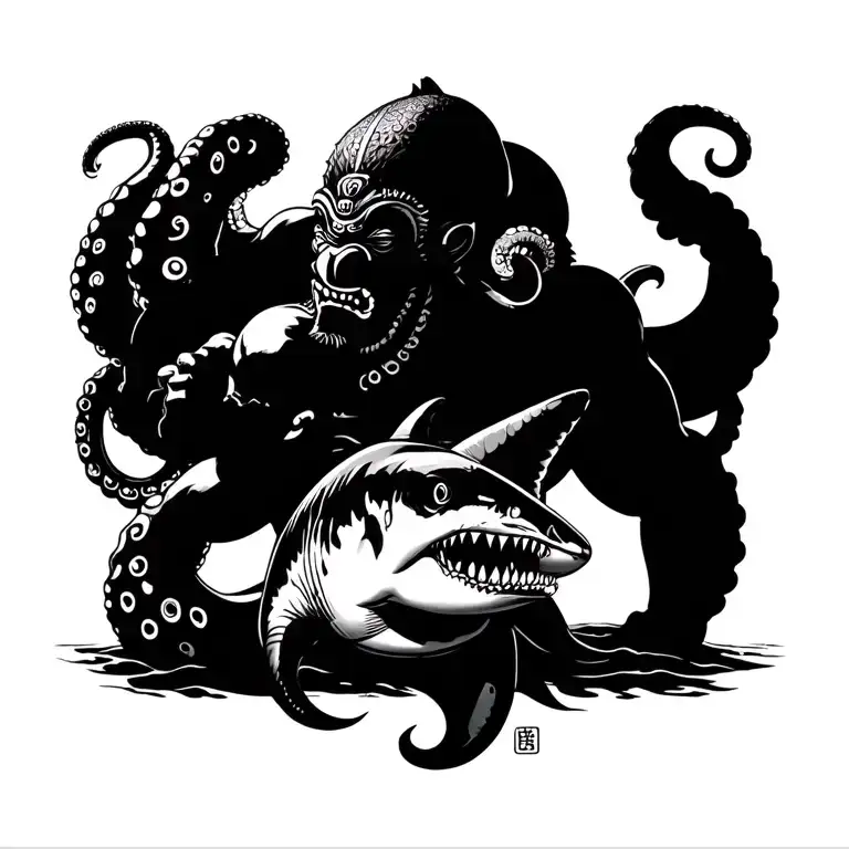 Muscled Hanuman Holding A Great White Shark With Giant Octopus Attacking Him
