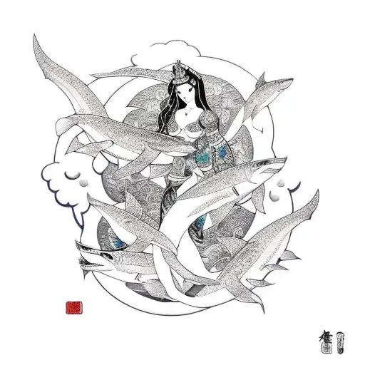 Water Goddess With Sharks Around Her