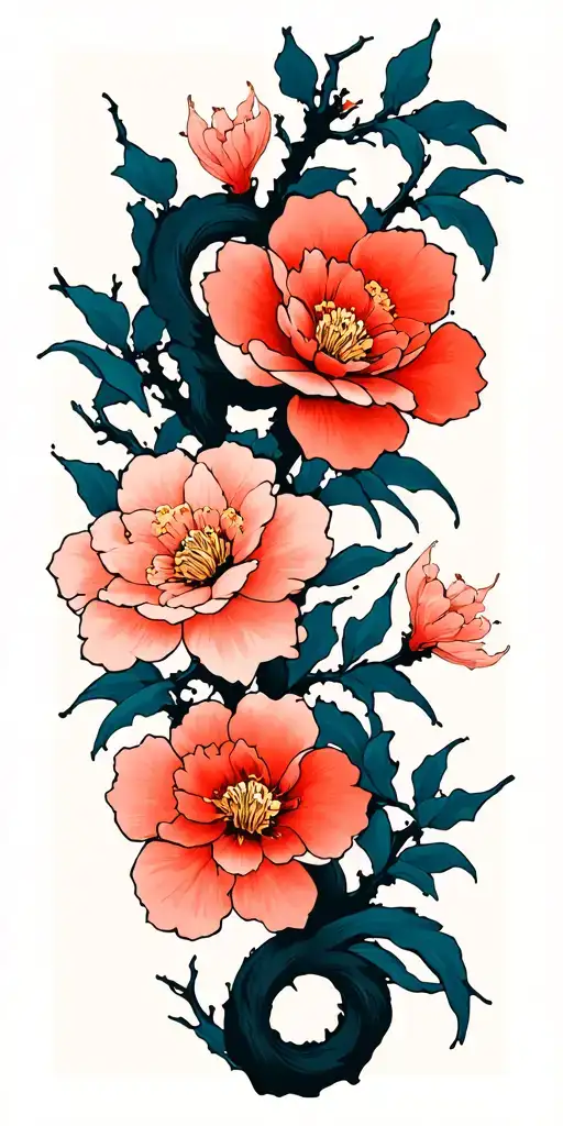 One Black One Color Blossom Branches Intertwined