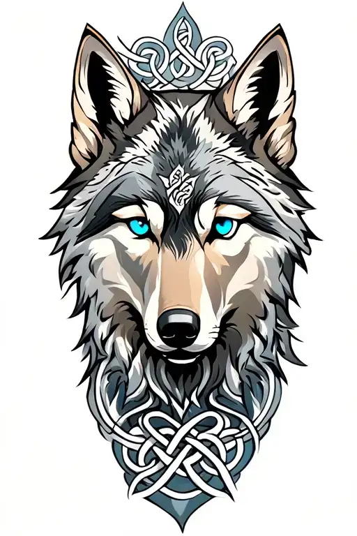 Wolf With Blue Eyes On Armor Tattoo Design Featuring Celtic Trinity Knot