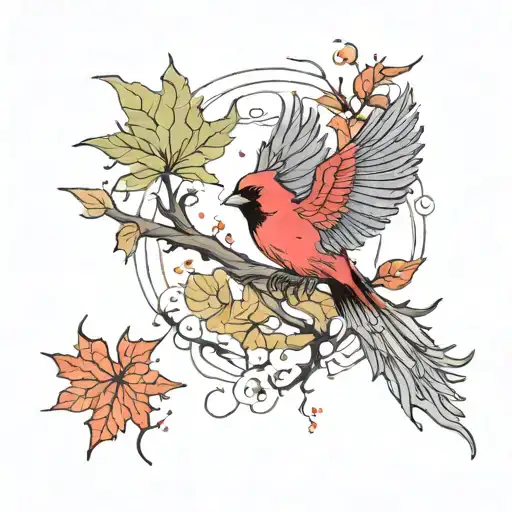 Maple Leaves Falling Around A Flying Cardinal