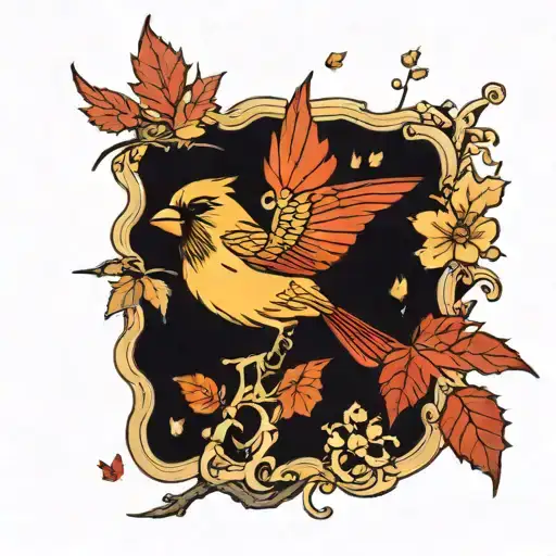Gold And Red Maple Leaves Falling Around A Flying Cardinal