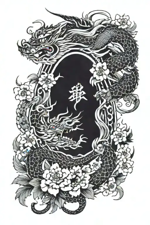 Asian Dragon And Flowers And Tigers