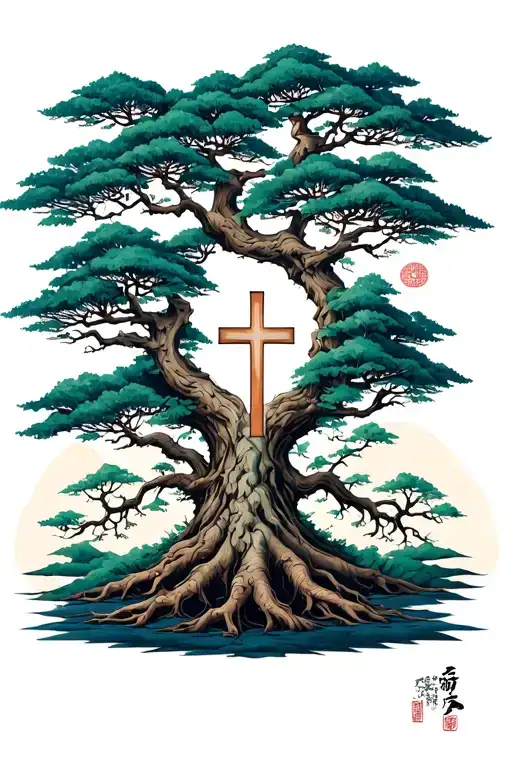 Yggdrasil Tree With A Christian Cross In The Trunk