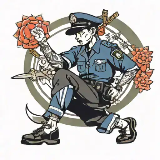 An Anime Character Doing Yoga Poses In A Police Uniform