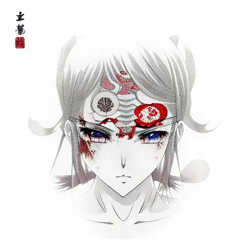 Anime Girl With Little Blood Streaming Down Her Face That Becomes Another Her With White Eyes