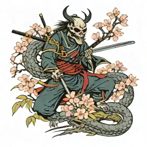 Samurai Skelton Dragon Cherry Blossom Trees