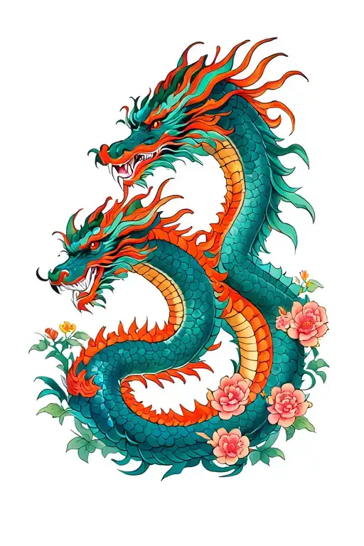 Chinese Sprawling Big Dragon In Flowers Full Size With Head Below
