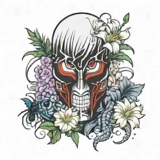 Tokyo Ghoul Mask Next To Guts From Berserks Sword Surrounded By Spider Lillies