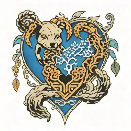 Blue Heart With 2 Dog Paws Infront And Tree Of Life