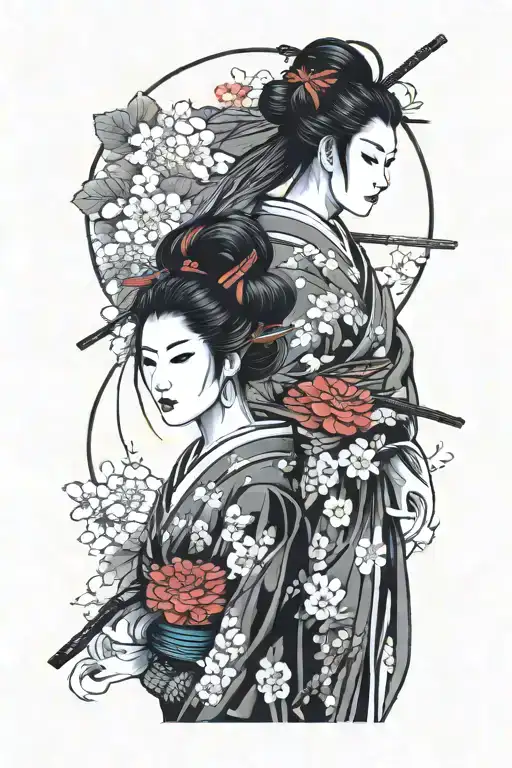 Geisha Girl And Samurai Warrior