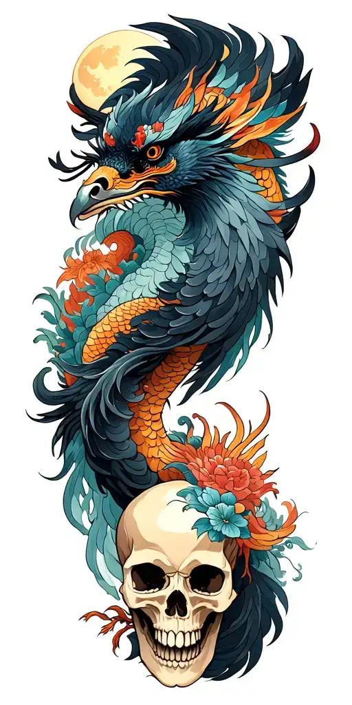 Chinese Dragon And Phoenix And Skull And Moon And Raven