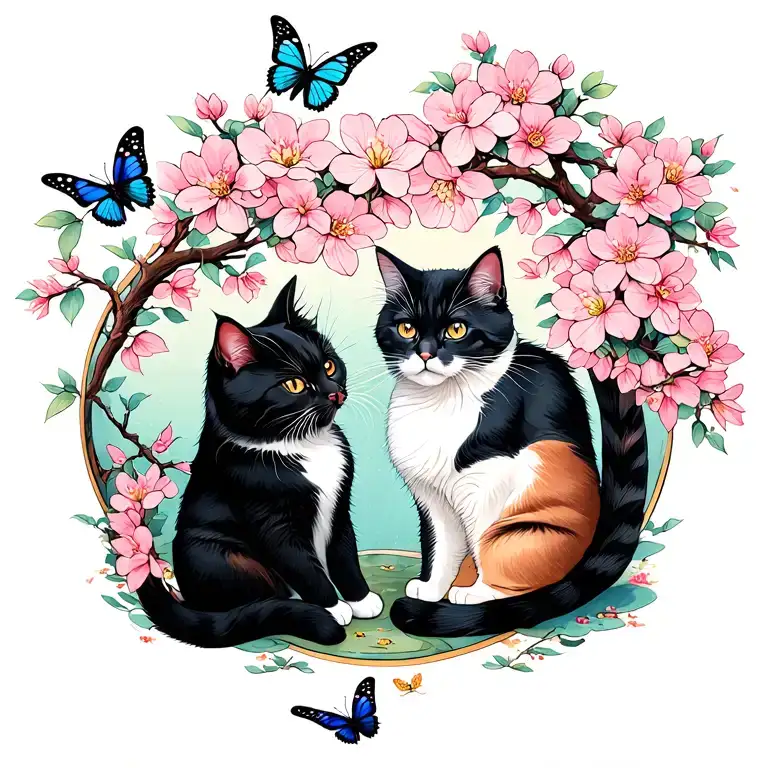 Cover Up Tattoo Design Ideas Of Cherry Blossoms And Three Cats Playing With Small Butterflies