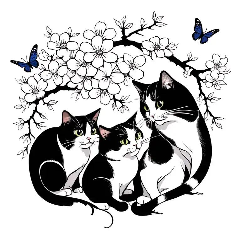 Cover Up Horizontal Tattoo Design Ideas Of Cherry Blossoms And 3 Cats Playing With Small Butterflies
