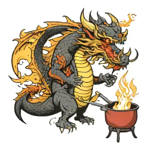 A Dragon Breathing Fire To Heat A Frying Pan That Is Cooking An Omelette