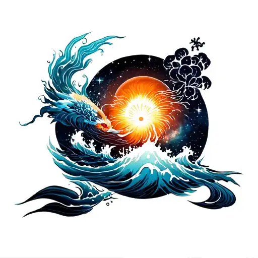 Right Arm Full Sleeve Tattoo With Japanese And Galaxy And Ocean Concept