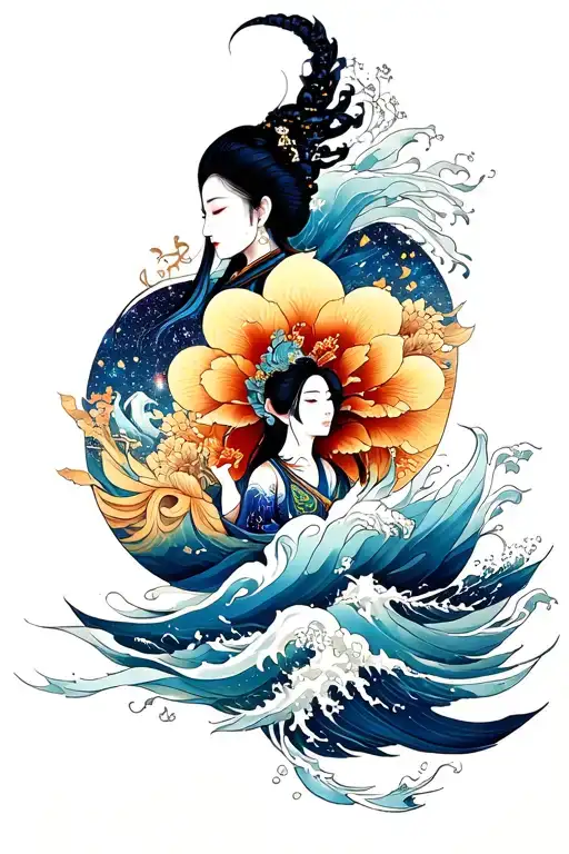 Right Arm Full Sleeve Tattoo With Japanese And Galaxy And Ocean Concept