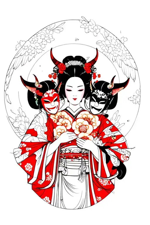 Geisha Holding Angel And Devil Masks
