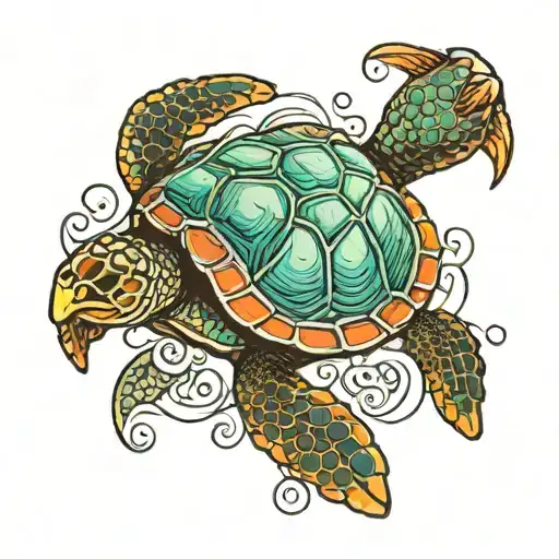 An Intricate Colorful Tattoo Of A Sea Turtle Swimming Gracefully In The Deep Ocean