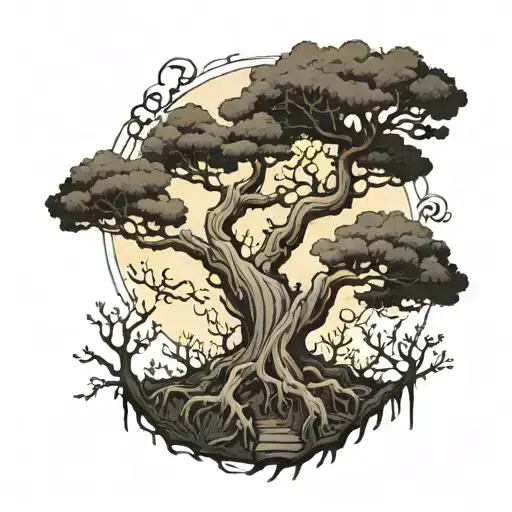 An Outline Of A Creepy Tree With Gothic Symbols Hidden Within The Branches