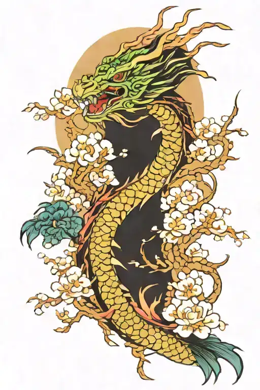 Dragon Against Sakura Background Under Night Sky