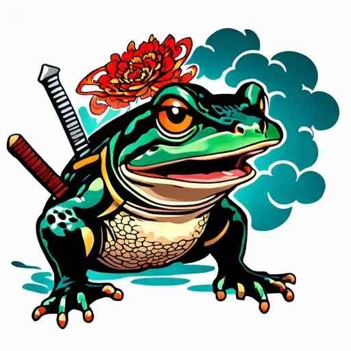 Samurai Frog With Katana And Clouds Surrounding