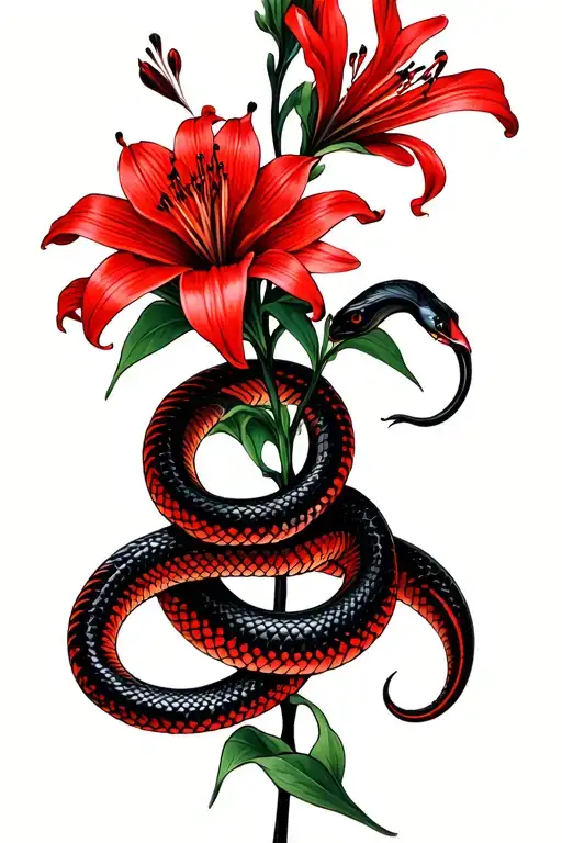 Red Spider Lily Flower With A Black Stem And A Snake Black And Red Snake Wrapping Around The Flower