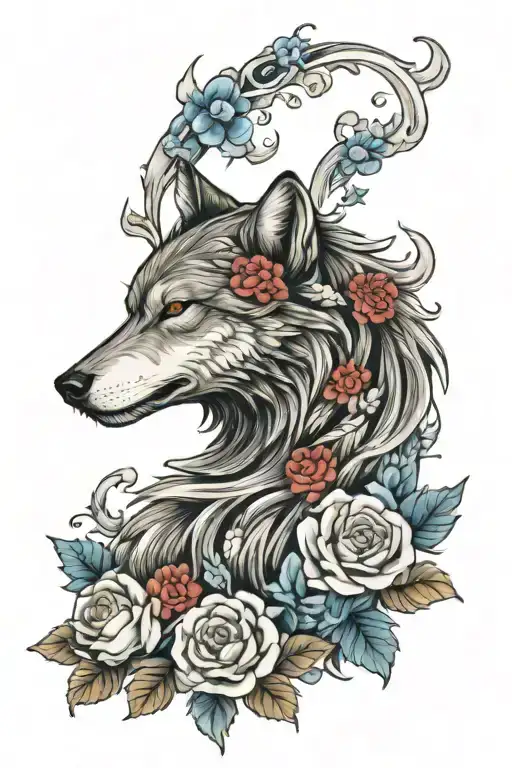 Wolf Blended By Roses Mayflowers