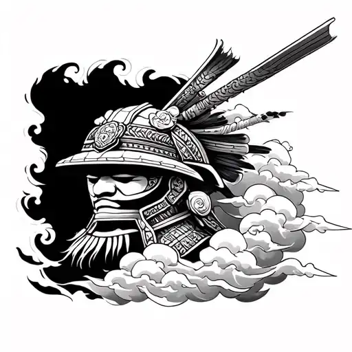 Samurai Helmet Surrounded By Clouds Forming The Shape