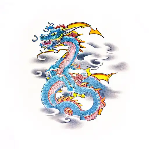 Dragon With Piones And Waves