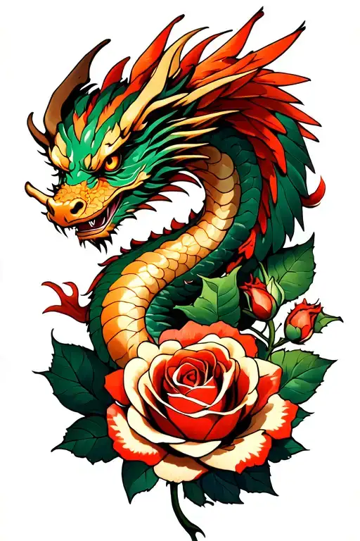 Winged Dragon Intertwined With Stem Of Rose And Wings Shielding The Rose Bud
