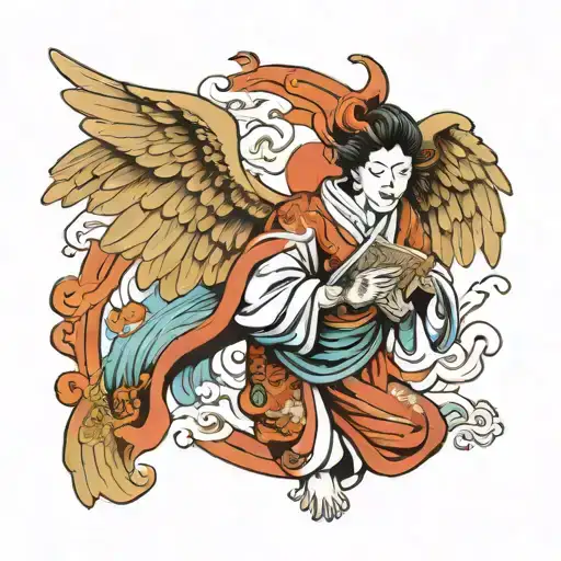 Winged Angel Holding A Long Scroll While Levitating