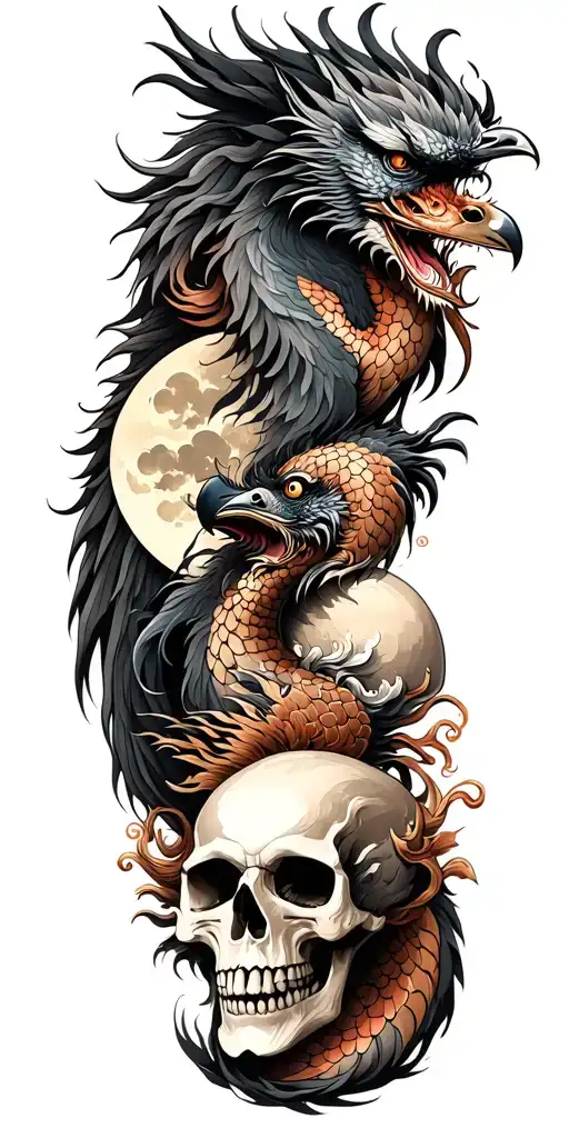 Chinese Dragon And Phoenix And Skull And Moon And Raven