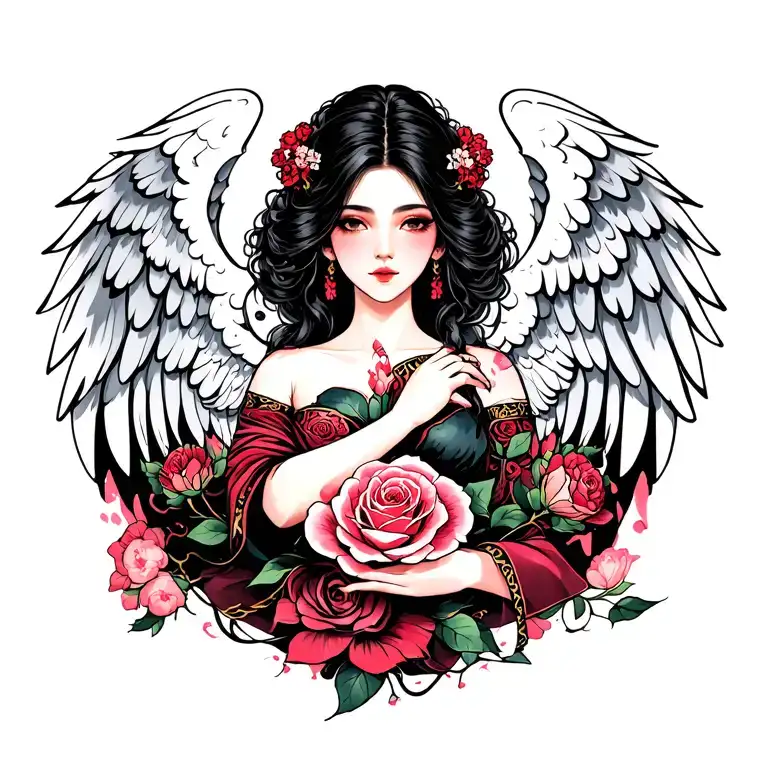 Rose With Angel Wings Hold A Women