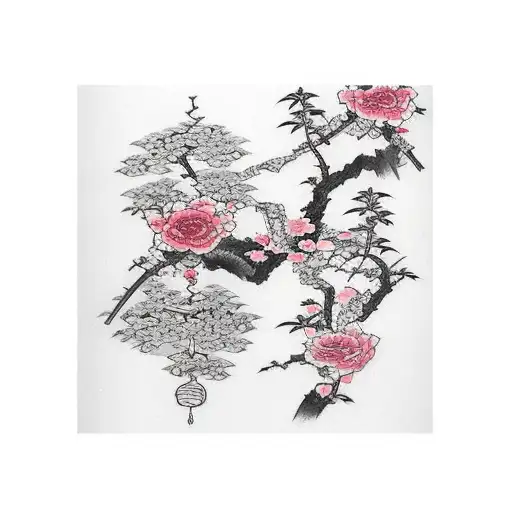 Japanese Scroll With Roses Around The Bottom And Cherry Blossom Around The Top