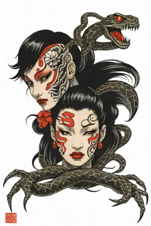 The Face Of A Spider Woman And The Face Of A Snake Woman