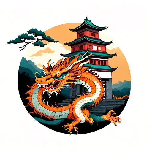 Dragon And Japanese Castle