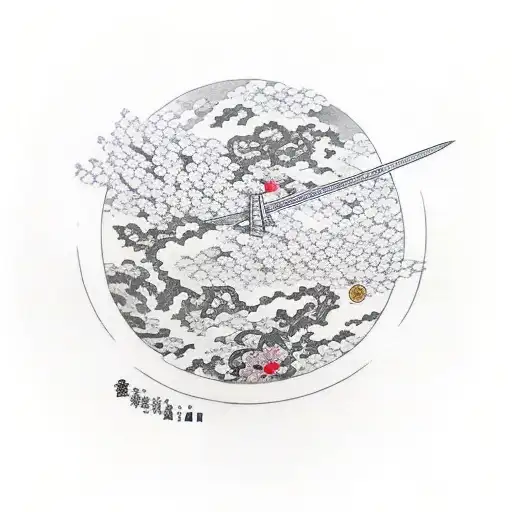 Katana Surrounded By A Circle With Sakura Flowers Around The Circle