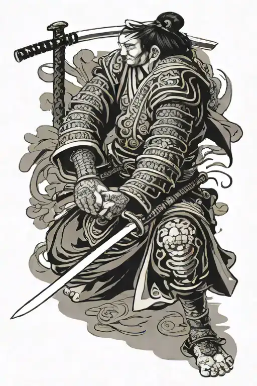 Samurai Kneeling Placing Sword On The Ground