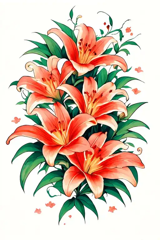 Vertically Aligned Lily Flowers With Flowy Vines And Leaves