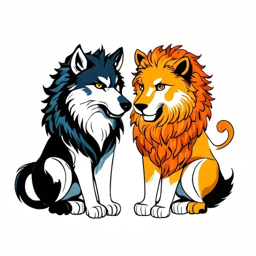 Wolf And Lion Looking At Each Other Side