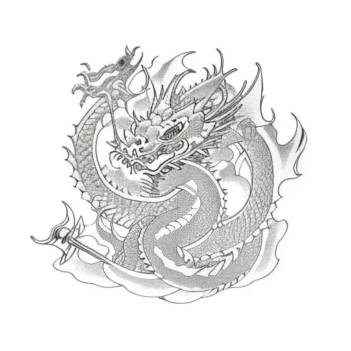 Dragon With Lotus Flowers And A Sword