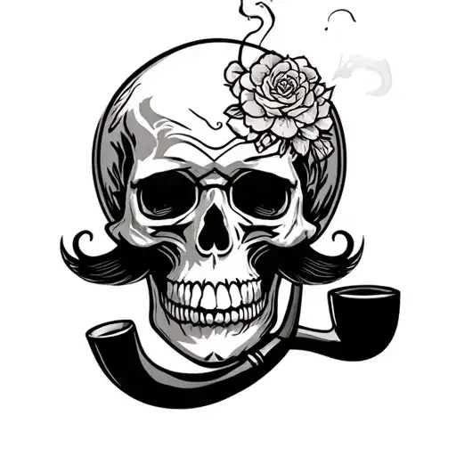 Skull With Moustache Smoking Pipe