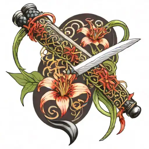 Katana Sword All Around Wraped Red Spider Lilly Flowers