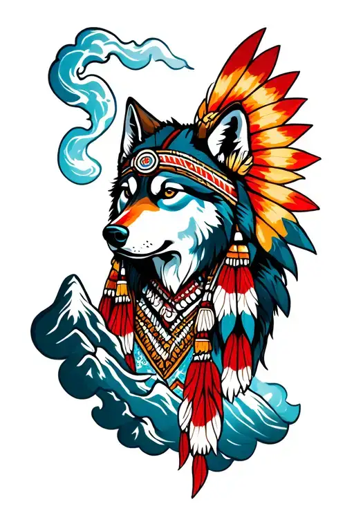 Indian Tattoo With Smokey Mountains And A Wolf