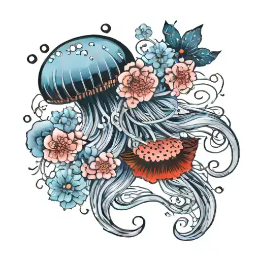 Jellyfish With Red And Black Butterflies And Blue And Pink Flowers