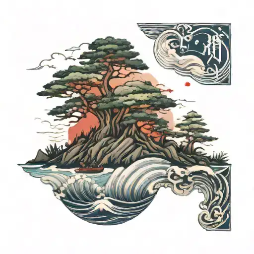 A Tree With A Red Ribbon On An Island In The Middle Of The Ocean