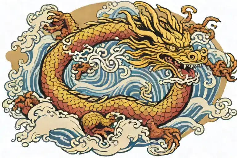 Japanese Dragon Surrounded By Japanese Waves Flowing