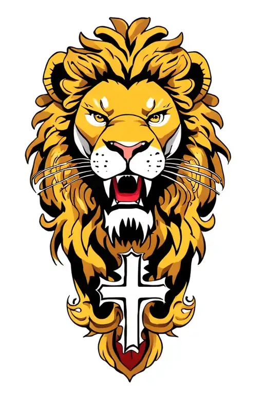 Lion Head Roaring Lion And Rock With Cross In Its Mouth